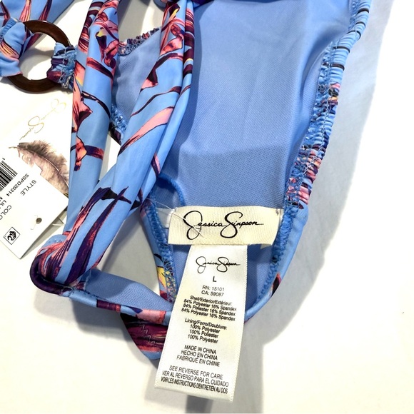 Jessica Simpson Palmy Days Smocked O-ring Bikini Top Bottom L/M Lilac Palm Tree - Picture 13 of 14